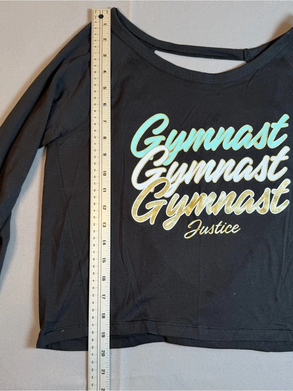 Justice szXL Black Long Sleeve Open Back Crop Top with Multicolor Gymnast Script